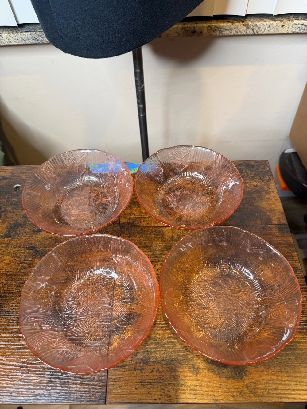 4 vintage pink Arcoroc Canterbury Crocus glass dessert bowls, French, 1980s